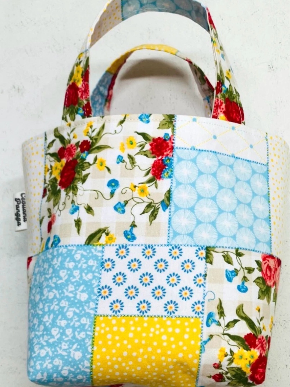 New Handmade Patchwork Floral Tote Bag in Blue, Yellow & Red